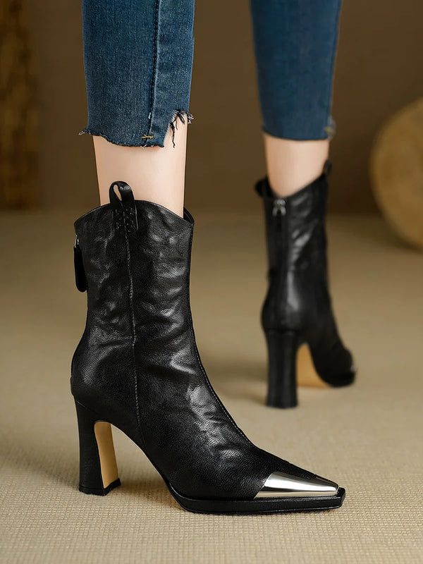 Patent leather booties with bold square toe and elegant metallic accents