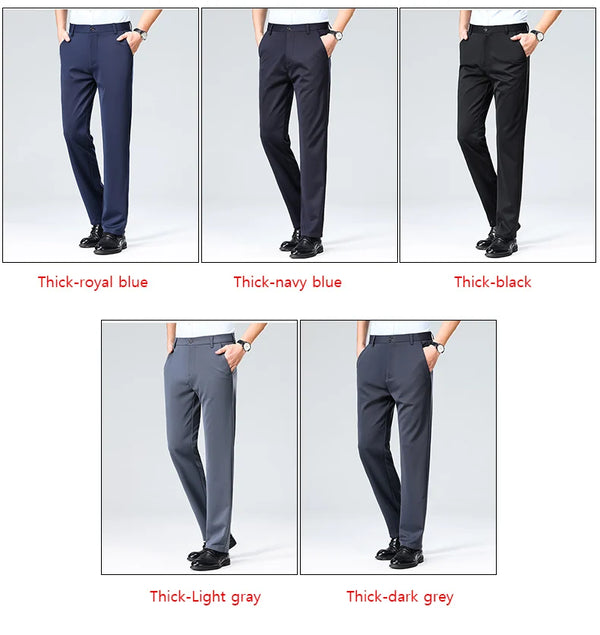 Professional straight leg pants with elastic waist and refined tailoring