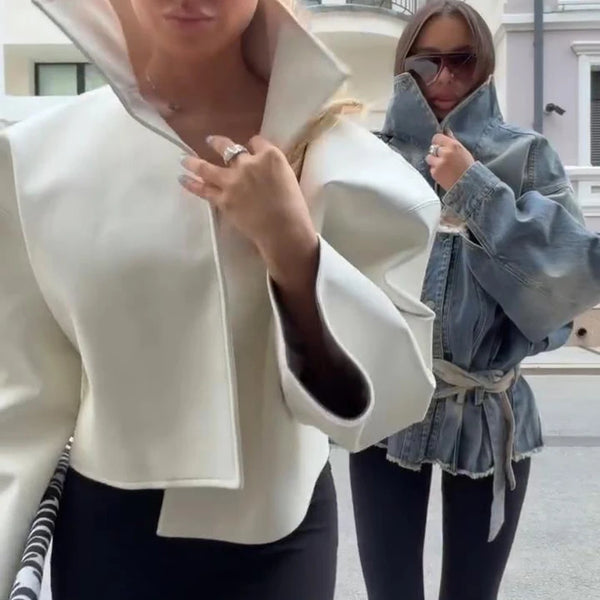 Side view of women's PU leather jacket showing regular fit and collar detail