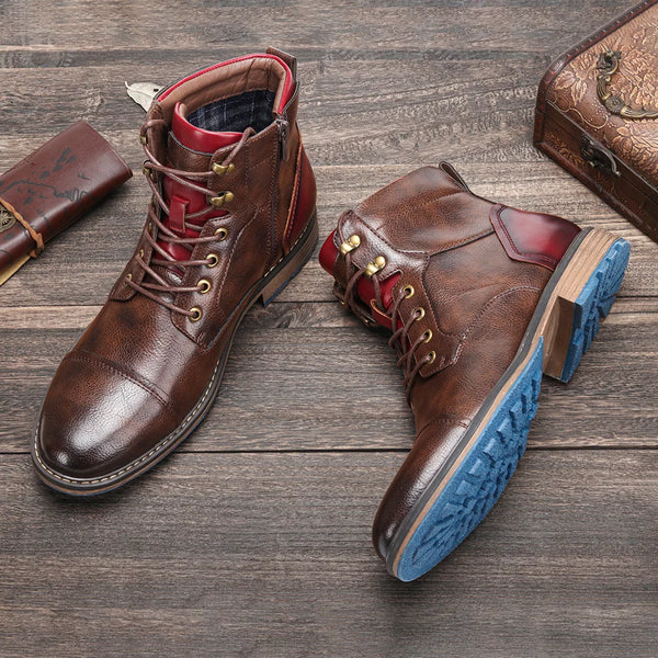 Rugged leather boots for men with convenient zip and durable construction