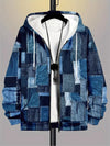 Men's streetwear zip-up hoodie in retro plaid patchwork style with polyester fabric