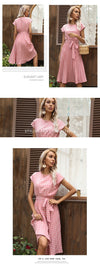 Woman in polka dot midi dress styled for brunch or daytime event