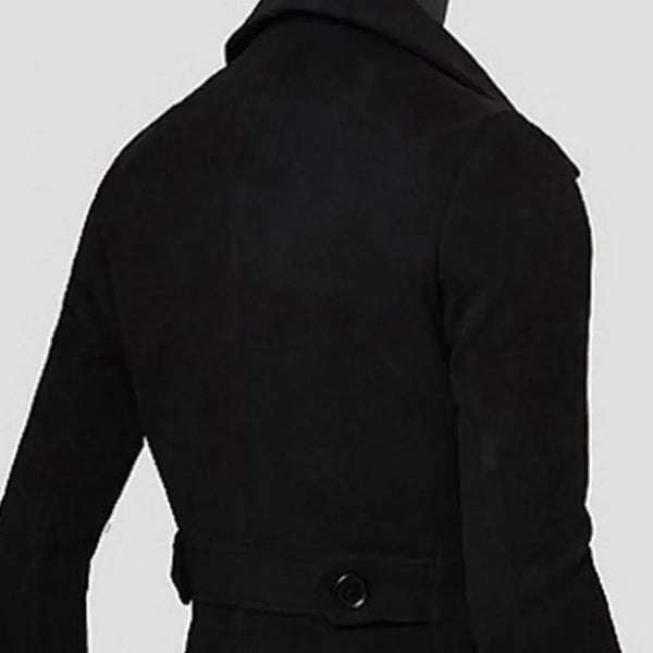 Classic double-breasted men's wool trench coat in solid color, perfect for winter, casual and professional settings.