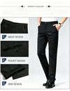 Breathable polyester dress pants in slim fit showing wrinkle-resistant fabric quality