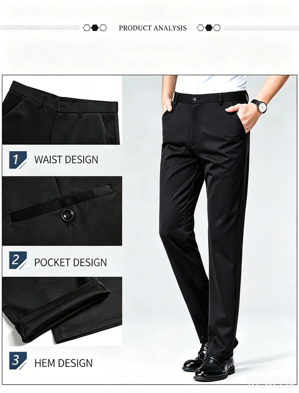 Breathable polyester dress pants in slim fit showing wrinkle-resistant fabric quality
