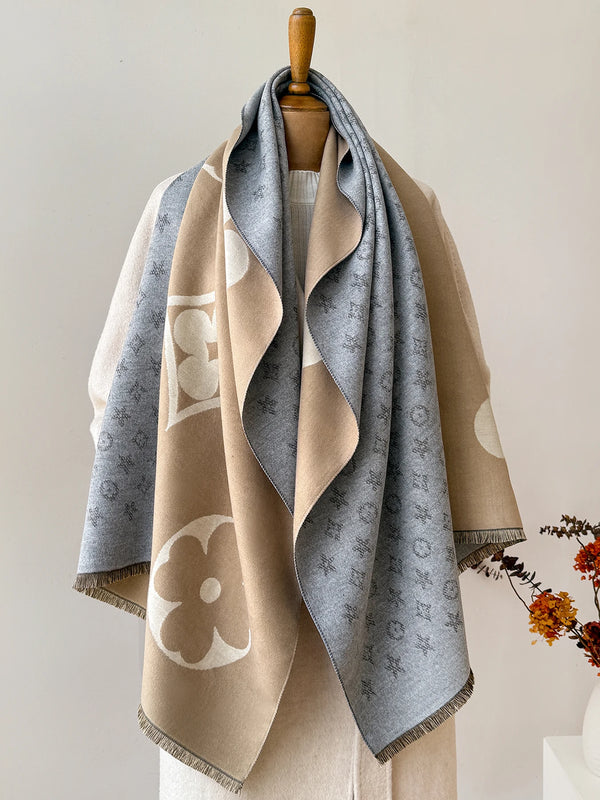 Model wearing the plush Winter Whispers shawl draped over shoulders.