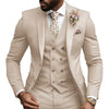 Pink wedding suit styled with a classic white shirt and tie.