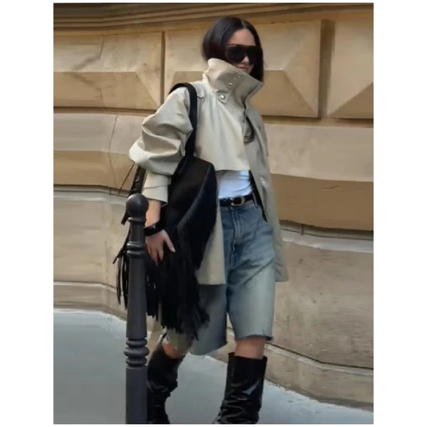 Structured khaki trench coat with flattering double-breasted design