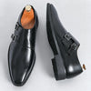 Men's leather oxford shoes featuring distinctive monk strap buckle detail