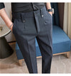 Men's slim fit dress pants in British style with elastic waist, perfect for casual or formal occasions, machine washable.