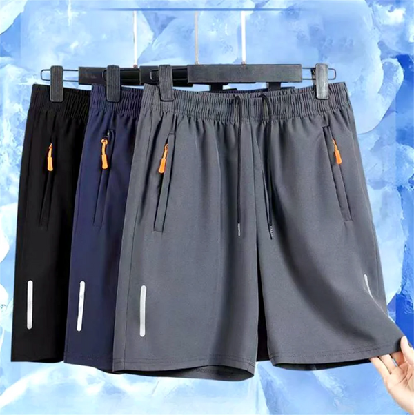 Ice Silk Quick-Dry Shorts with Zipper Pocket in light gray polyester fabric