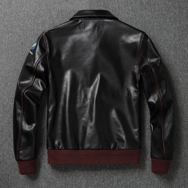 Close-up of the hand-rubbed finish on the Vintage A2 leather flight jacket.