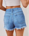 Regular fit jean shorts featuring button closure and edgy ripped fringe design