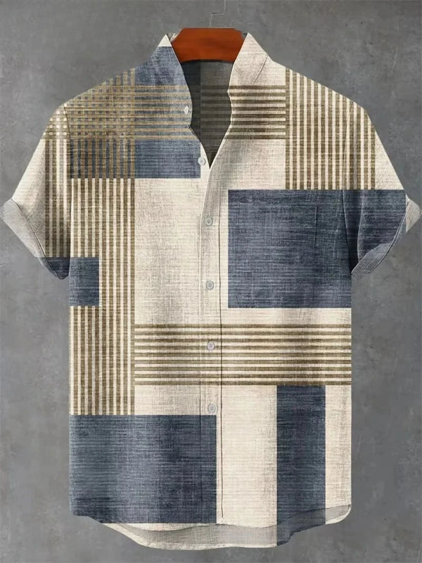 Unisex casual shirt with geometric block print in denim texture finish for summer wear