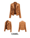 Women's slim fit PU leather motorcycle jacket in black, windproof, durable, perfect for spring and autumn riding styles.