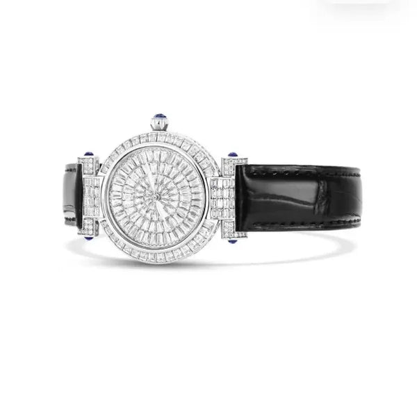 Close-up of sapphire crystal dial showcasing automatic self-winding mechanism.