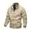 Men's Casual Varsity Bomber Jacket with USA print, stylish zip-up design, ribbed cuffs, perfect for autumn and spring wear.
