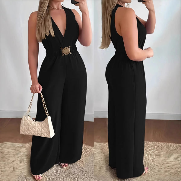 Woman wearing elegant deep V-neck jumpsuit in cotton-polyester blend fabric