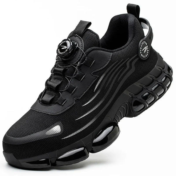 Steel toe safety boots with button closure system for construction and outdoor work environments