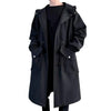 Stylish men's mid-length trench coat with hood, big pockets, and windproof features for autumn and spring outdoor wear.