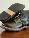 Close-up of the durable rubber sole of handmade leather boots.