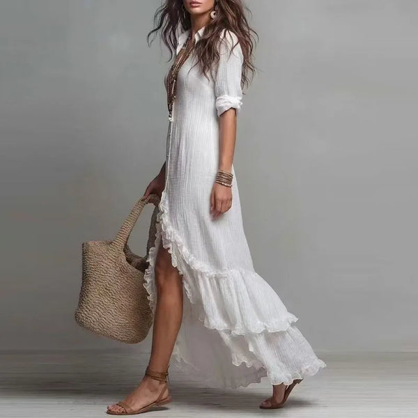 Versatile shirt dress with playful ruffle hem perfect for casual to evening wear