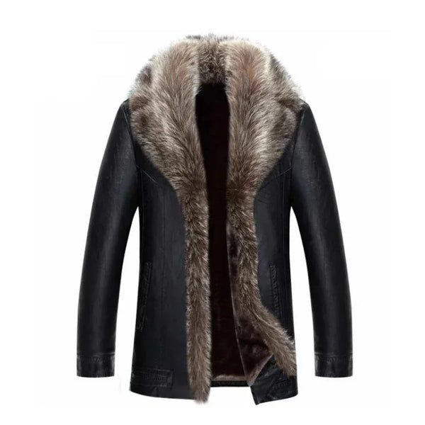 Luxurious men's black leather jacket with raccoon fur collar.