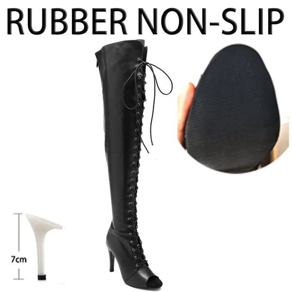 Statement-making black over-the-knee boots with sexy peep toe and side zip