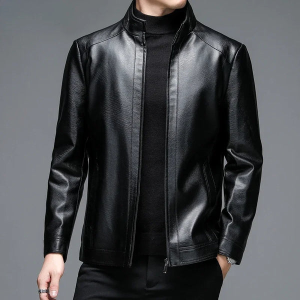 Classic goatskin leather jacket for men, lightweight, stylish, with stand collar and zipper, perfect for spring and autumn.