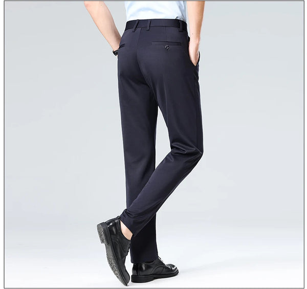 Full-body shot of slim-fit breathable pants creating streamlined professional silhouette