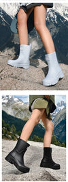 Chic waterproof women's ankle rain boots with non-slip outsole, perfect for rainy days and outdoor events.