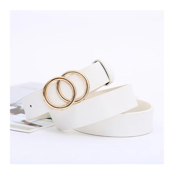 Chic double ring PU leather belt for women in classic black, perfect for jeans and dresses, stylish and adjustable fit.