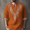 Cotton-linen geometric henley with full-length rollable sleeves