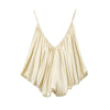 Lustrous slip top featuring V-neck pleating and backless silhouette