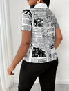 Chic Newspaper Print Blouse featuring a V-neck and short sleeves, perfect for casual or office wear in summer.