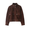 Flattering brown regular-length jacket with turtleneck and oversized pocket details