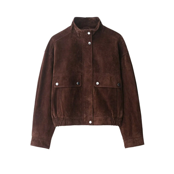 Flattering brown regular-length jacket with turtleneck and oversized pocket details