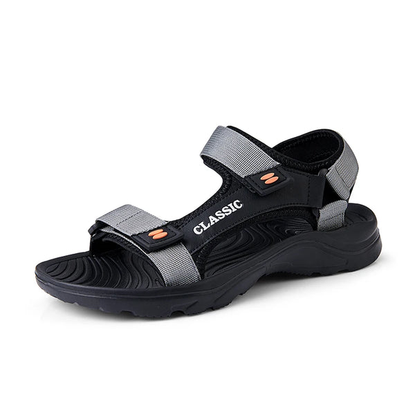 Detail shot of adjustable hook and loop closure on supportive sandals