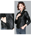 Chic women's sheepskin leather jacket with zippered front, turn-down collar, and pockets for stylish autumn layering.