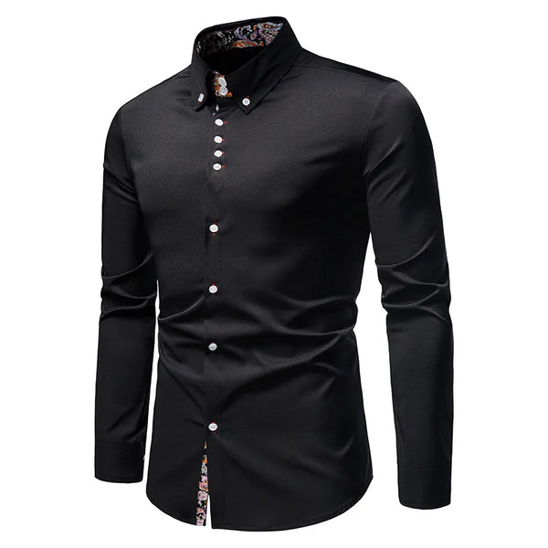 Classic men's white long sleeve polo shirt with stand collar, single-breasted closure, perfect for business casual and all se