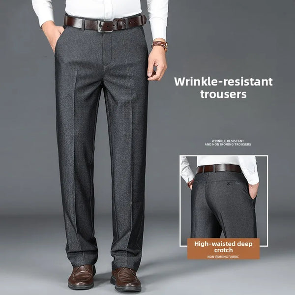 Side view of men's high-waisted straight leg trousers showing elegant drape