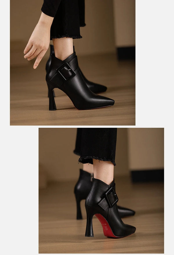 Pointed leather pumps with thin heel and slip-on design in classic black