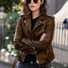 Chic slim-fit biker's leather jacket for women in premium PU leather, perfect for autumn and winter fashion.