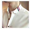 Elegant men's slim-fit dress shirt in solid color, perfect for spring, made from cotton, polyester, and spandex blend.