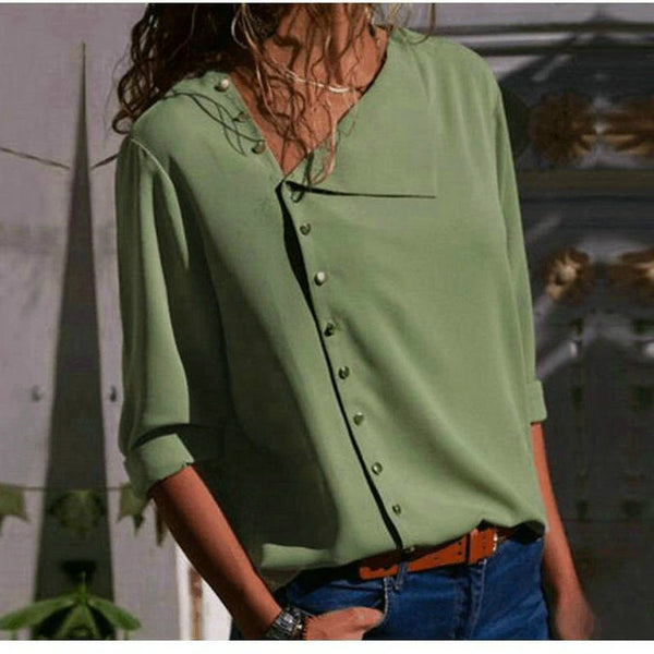 Elegant long sleeve office blouse for women, double-breasted, slim fit, versatile for business attire in various colors.