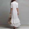 Button-down dress with flowing high-low hemline and comfortable stretch polyester fabric