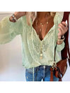 Elegant Boho Lace V-Neck Blouse for women, featuring lightweight fabric, full sleeves, and a relaxed fit for casual sophistic