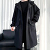 Stylish men's mid-length trench coat with hood, big pockets, and windproof features, perfect for autumn and spring wear.
