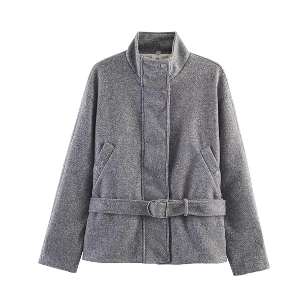 Loose-fit belted jacket featuring sophisticated turtleneck and quality fabric