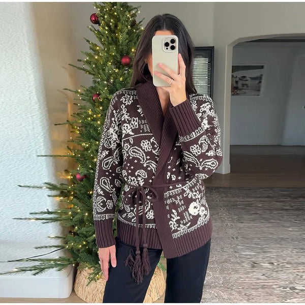 Regular fit Fair Isle cardigan with tie waist in classic knit pattern